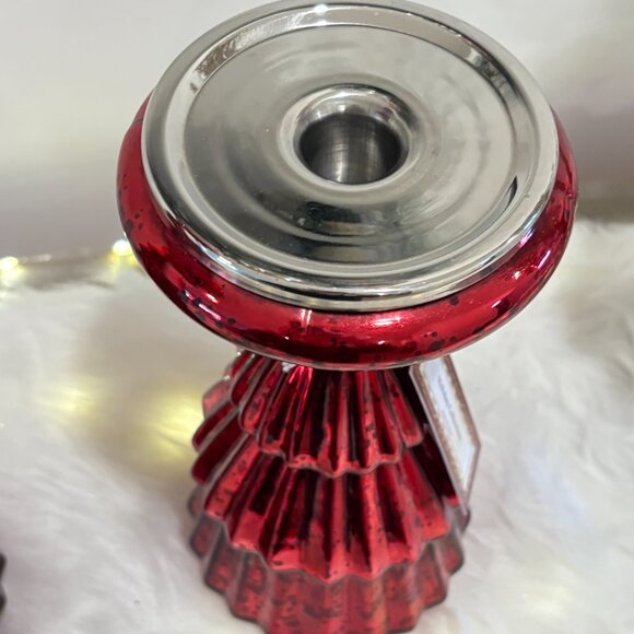 Christmas Holiday Tree Tired Red Mercury Glass Pillar Candle Tapers Holder PAIR - Picture 4 of 10